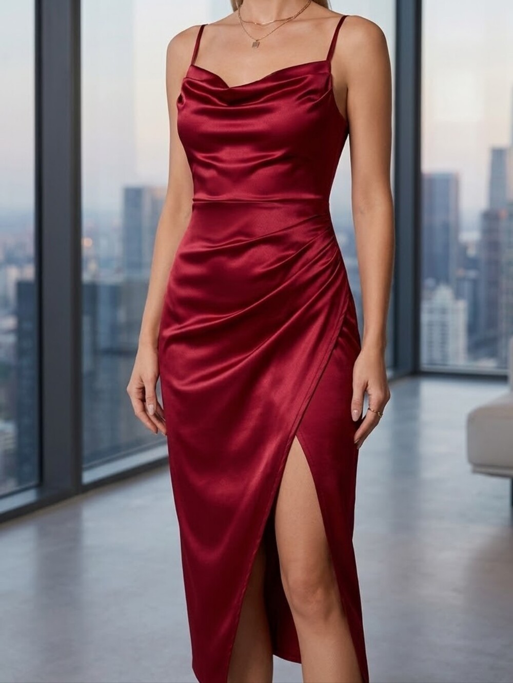 Urban Planet Satin Cowl Neck Burgundy Maxi Dress